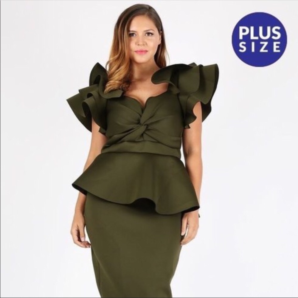 Olive Green Plus Size Ruffle Dress